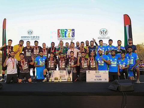 The winning teams with their medals and trophies at the conclusion of the sixth edition of the Sharjah Labour Sports Tournament.