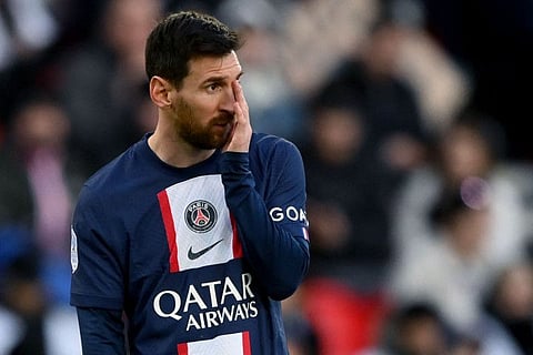 Paris Saint Germain's Argentine forward Lionel Messi reacts during the French L1 match against Stade Rennais FC at The Parc des Princes Stadium in Paris.