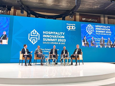 From left: Christopher Lund, Executive Director, Head of Hotels, MENA Region, Colliers; Imran Changezi, Development Senior Director, Diriyah Gate Development Authority; Ian Wilson, Regional Director for Hospitality, The Line, Neom; Chadi Hauch, Regional VP Lodging Development – ME, Marriott International; and Laurent A. Voivenel, Senior Vice President – Operations & Development, EMEA & India; Senior Vice President – Group Human Resources & Talent Development, Swiss-Belhotel International