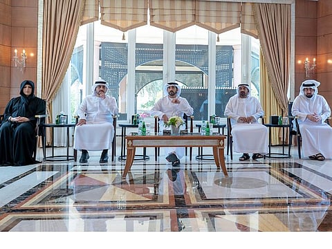 (centre) Sheikh Hamdan bin Mohammed bin Rashid Al Maktoum, Crown Prince of Dubai and Chairman of The Executive Council of Dubai. (to his right) Sheikh Maktoum bin Mohammed bin Rashid Al Maktoum, Deputy Ruler of Dubai, and Deputy Prime Minister and Minister of Finance; and Sheikha Latifa bint Mohammed bin Rashid Al Maktoum, Chairperson of the Dubai Culture and Arts Authority. (to his left) Sheikh Ahmed bin Saeed Al Maktoum, President of the Dubai Civil Aviation Authority and Chairman and Chief Executive of Emirates Airline and Group; and Sheikh Ahmed bin Mohammed bin Rashid Al Maktoum, Chairman of Dubai Media Council.