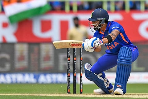 India's Virat Kohli plays a shot during the second one-day international (ODI) match against Australia at the Y.S. Rajasekhara Reddy Cricket Stadium in Visakhapatnam. The final ODI takes place tomorrow with the series is tied at 1-1.