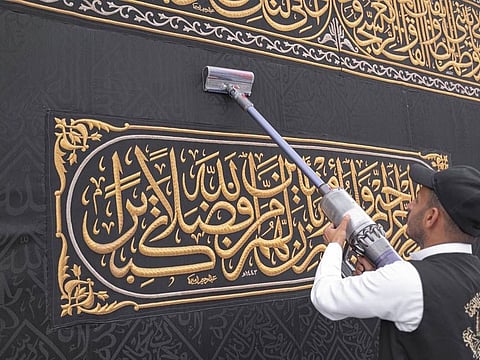 The cloth of the Holy Kaaba in the Grand Mosque is being cleaned ahead of Ramadan.
