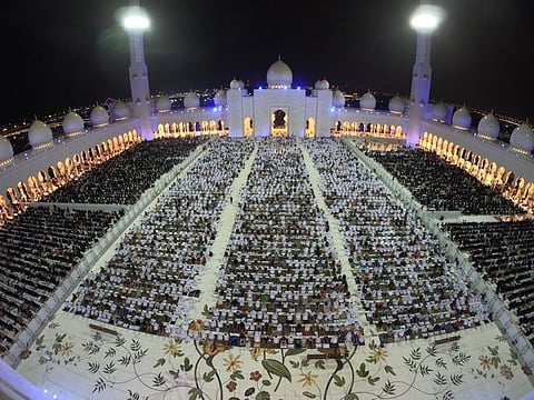 Worshippers at the Zayed Grand Mosque, in Abu Dhabi.