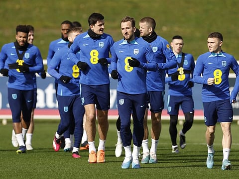 England captain Harry Kane (centre) during a training session with the England squad at St George's Park, Burton upon Trent, Britain.