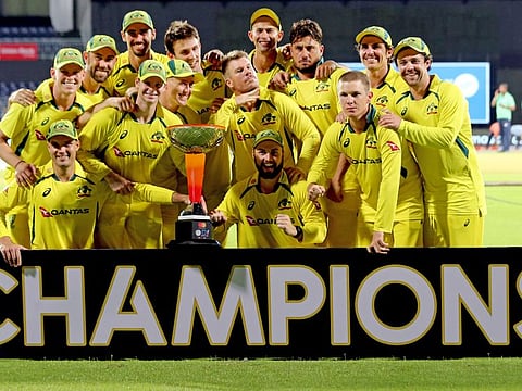 Australian team celebrate with the ODI series trophy after winning the series 2-1 in Chennai on Wednesday.