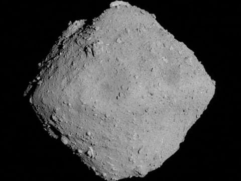 The carbonaceous asteroid Ryugu is seen from a distance of about 20kms during the Japanese Space Agency's Hayabusa2 mission on June 30, 2018.