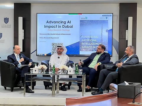 Fadi Salem, Director of Policy Research at MBRSG, Younus Al Nasser, Assistant Director General of Digital Dubai, Noor Alnahhas, CEO of nybl, and Khaled El Shabrawy, Government - Industry Lead