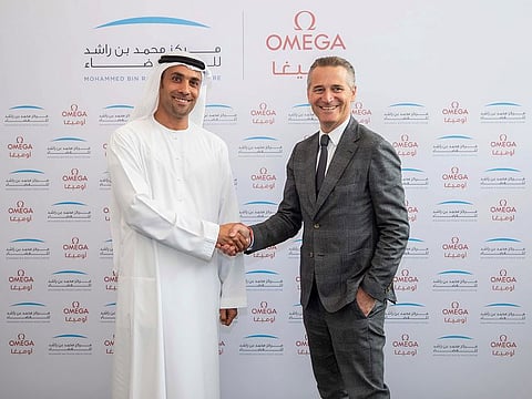 Salem Humaid AlMarri, Director General, MBRSC, and Raynald Aeschlimann, CEO, OMEGA, at the signing of partnership