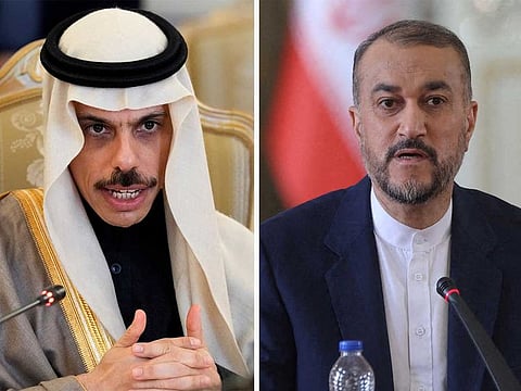Saudi Arabia's Foreign Minister Prince Faisal bin Farhan Al Saud (left) spoke with his Iranian counterpart, Hossein Amirabdollahian.
