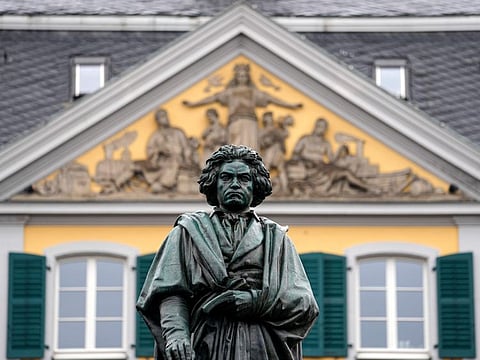 A statue of world famous composer Ludwig van Beethoven stands in the city centre of his birthplace Bonn, Germany, on Tuesday, March 21, 2023.