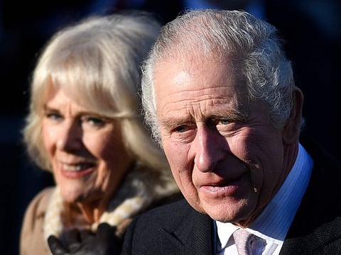Britain's King Charles III and Britain's Camilla in a file photo. Charles was due to visit France on Sunday.