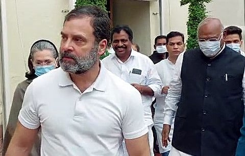 UPA Chairperson Sonia Gandhi, Congress leader Rahul Gandhi and Leader of Opposition in Rajya Sabha and party President Mallikarjun Kharge come out after attending the meeting of party MPs at the party office, Parliament premises, in New Delhi on Friday.