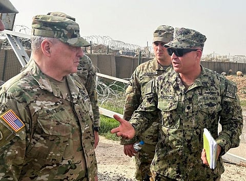 US Joint Chiefs Chair Army General Mark Milley speaks with US forces in Syria during an unannounced visit, at a US military base in Northeast Syria, March 4, 2023.