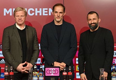 (From left) Bayern Munich's CEO Oliver Kahn with new head coach Thomas Tuchel and sporting director Hasan Salihamidzic at a press conference in Munich, southern Germany.