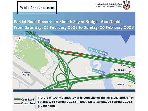 Abu Dhabi's Integrated Transport Centre announces the partial closure Sheikh Zayed Bridge and other roads from Saturday