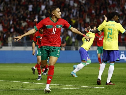 Morocco's Abdelhamid Sabiri celebrates scoring against Brazil during the international friendly at Grand Stade de Tanger, Tangier, Morocco.