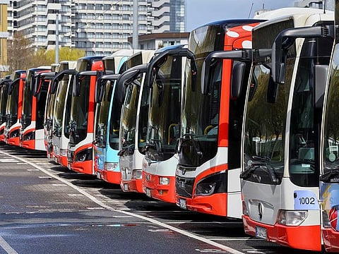 Buses are seen at a storage facility during a nationwide strike called by the German trade union Verdi over a wage dispute, in Bonn, Germany, March 27, 2023.