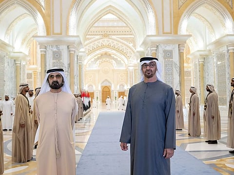 President His Highness Sheikh Mohamed bin Zayed Al Nahyan on receives His Highness Sheikh Mohammed bin Rashid Al Maktoum, Vice President, Prime Minister and Ruler of Dubai, during an iftar reception for Rulers and dignitaries, at Qasr Al Watan.