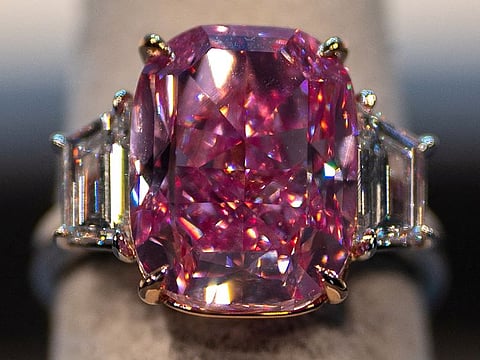 A pink diamond with an estimated value of $35 million is displayed during a press preview ahead of Sotheby's Magnificent Jewels sale on June 8, 2023 auction at Sotheby’s in New York, on March 27, 2023.