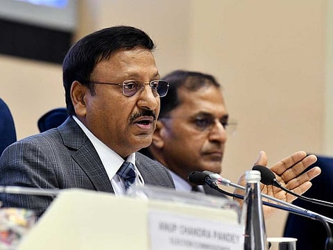 Chief Election Commissioner Rajiv Kumar addresses a press conference regarding the announcement of the schedule for the Karnataka Assembly elections, in New Delhi on Wednesday, Mar 29, 2023.