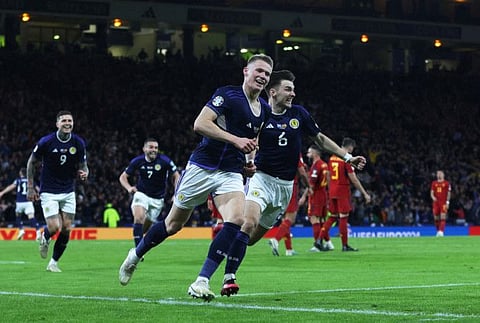 Scotland's Scott McTominay celebrates scoring against Spain during the Euro 2024 qualifier at Hampden Park, Glasgow, Scotland, Britain.