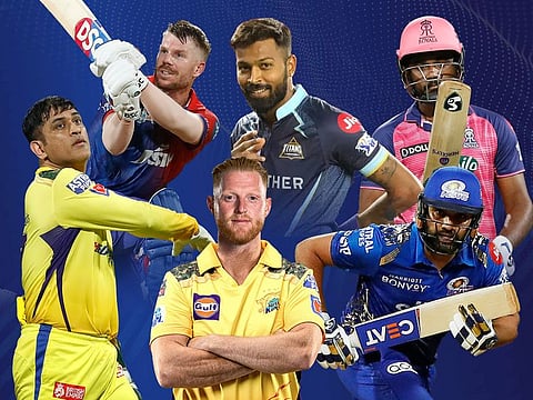 POWER PLAYERS: Clockwise from top left: David Warner, Hardik Pandya, Sanju Samson, Rohit Sharma, Ben Stokes and Mahendra Singh Dhoni are expected to stamp their authority as they chase the spoils in IPL 2023. The 74-match event spread over 52 days begins on March 31.