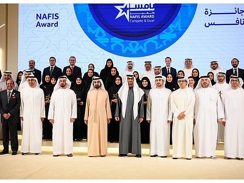 President His Highness Sheikh Mohamed bin Zayed Al Nahyan and His Highness Sheikh Mohammed bin Rashid Al Maktoum, Vice President and Prime Minister of the UAE and Ruler of Dubai, and other Sheikhs with awardees at the ceremony on Wednesday
