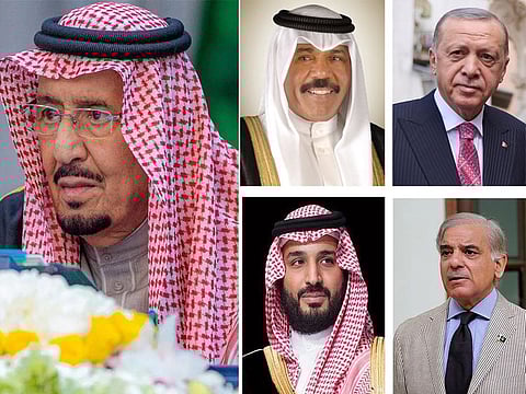 (Clockwise) King Salman, Kuwaiti Emir Sheikh Nawaf Al-Ahmad Al-Jaber Al Sabah, Turkish President Recep Tayyip Erdogan, Pakistan Prime Minister Shahbaz Sharif and Mohammed bin Salman, Crown Prince and Prime Minister of Saudi Arabia