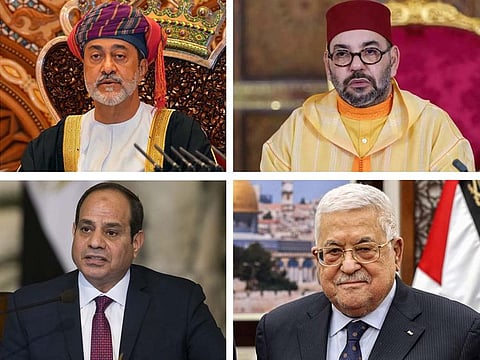 (Clockwise) Sultan Haitham bin Tariq of Oman, King Mohammed VI of Morocco, President of Palestine, Mahmoud Abbas and Egyptian President Abdul Fattah el-Sisi