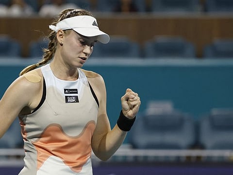 Elena Rybakina celebrates after winning the match against Jessica Pegula in the women's singles semifinals.