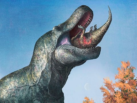 This illustration provided by Mark P. Witton in March 2023 depicts a juvenile Edmontosaurus being eaten by a Tyrannosaurus rex with a lipped mouth.