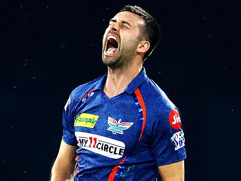 Lucknow Super Giants pacer Mark Wood celebrates the dismissal of Delhi Capitals batsman Sarfaraz Khan during their match in the IPL 2023, at Ekana Sports City, in Lucknow on Saturday.