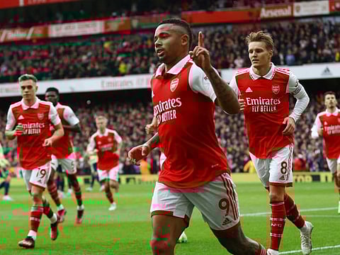 Arsenal's Gabriel Jesus celebrates scoring against Leeds during the Premier League at the Emirates Stadium, London.