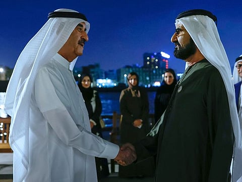 His Highness Sheikh Mohammed bin Rashid Al Maktoum (right), Vice President and Prime Minister of the UAE and Ruler of Dubai, with His Highness Sheikh Saud bin Rashid Al Mualla, Member of the Supreme Council and Ruler of Umm Al Quwain