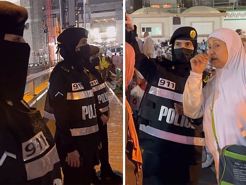 Female officers can be seen receiving Umrah pilgrims and managing the crowds of visitors and worshippers.