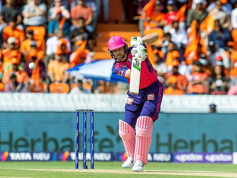 Rajasthan Royals Jos Buttler plays a shot during their match against Sunrisers Hyderabad in the Indian Premier League at Rajiv Gandhi International Stadium, in Hyderabad.