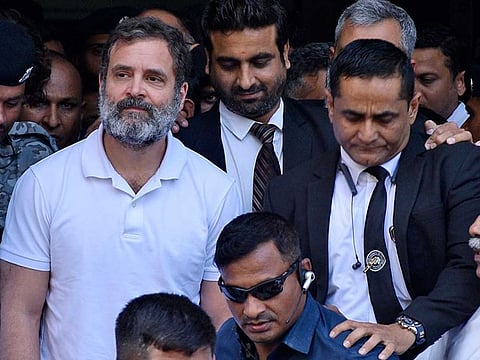 Congress leader Rahul Gandhi at the Surat District Court after filing an appeal against his conviction in the 2019 defamation case, in Surat on Monday, April 3, 2023.