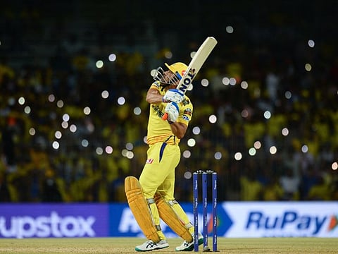 Chennai Super Kings' captain Mahendra Singh Dhoni plays a shot during the Indian Premier League match against Lucknow Super Giants at the MA Chidambaram Stadium in Chennai.