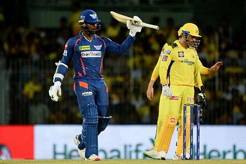 Lucknow Super Giants' Kyle Mayers (left) celebrates after scoring a half-century during the Indian Premier League match against Chennai Super Kings at the MA Chidambaram Stadium in Chennai.