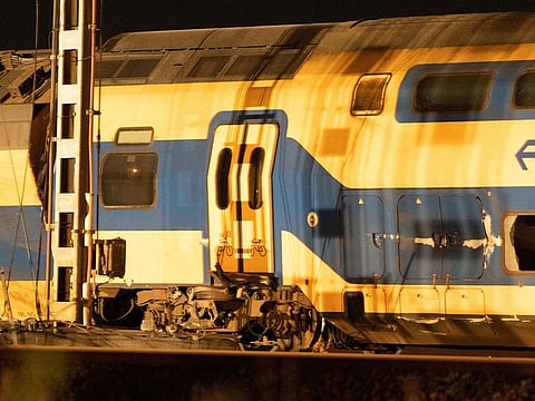 A general view shows aftermath following the derailment of a passenger train after it hit construction equipment on the track, in Voorschoten, Netherlands April 4, 2023 in this picture obtained from social media.