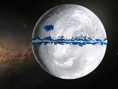 An illustration shows Earth during the Marinoan Ice Age, 651–635 million years ago, when ice sheets covered most of the planet's surface.