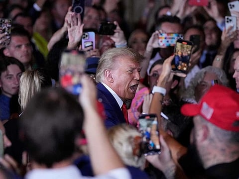 Former President Donald Trump arrives to speak at his Mar-a-Lago estate hours after being arraigned in New York City, Tuesday, April 4, 2023, in Palm Beach, Fla.