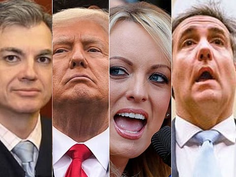 From left: Justice Juan Merchan, Donald Trump, Stormy Daniels and Michael Cohen.