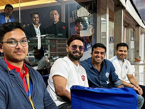Delhi Capital's Rishab Pant with team owner Parth Jindal at the team's first home match against Gujarat Titans in the Indian Premier League on Tuesday.