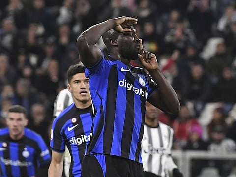Inter Milan's Romelu Lukaku gestures after scoring a goal in a Italian Cup against Juventus at the Allianz Stadium in Turin on Tuesday.