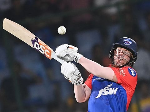 Delhi Capitals captain David Warner plays a shot during the Indian Premier League match against Gujarat Titans in New Delhi.