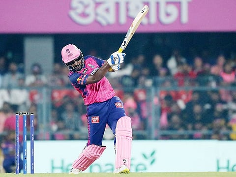 Sanju Samson of the Rajasthan Royals hits out and is caught by Matthew Short (not in picture) of the Punjab Kings in the IPL match at the Barsapara Stadium in Guwahati, Assam, on April 5, 2023. Captain Samson’s dismissal had a detrimental effect on Rajasthan’s chase as they lost the game by five runs.