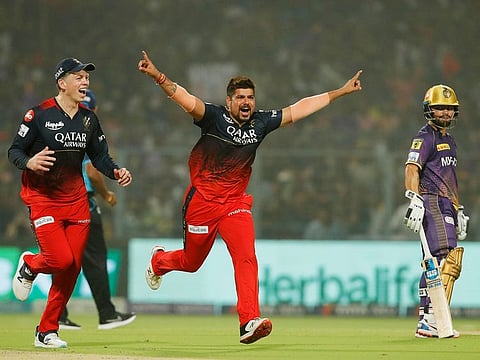 Karn Sharma of the Royal Challengers Bangalore celebrates after taking the wicket of Andre Russell of the Kolkata Knight Riders during the IPL match at the Eden Gardens, Kolkata, on April 6, 2023. The leg-spinner was RCB’s best bowler until Shardul Thakur of KKR took the match away from them.
