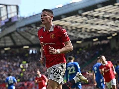 Manchester United midfielder Scott McTominay celebrates scoring the opening goal during the English Premier League football match against Everton at Old Trafford in Manchester, north west England.