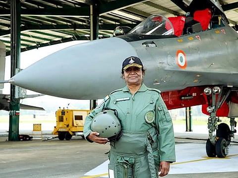 President Droupadi Murmu poses for a photo as she lands at Tezpur Air Force Station after taking a sortie in the Sukhoi 30 MKI fighter aircraft, on Saturday.